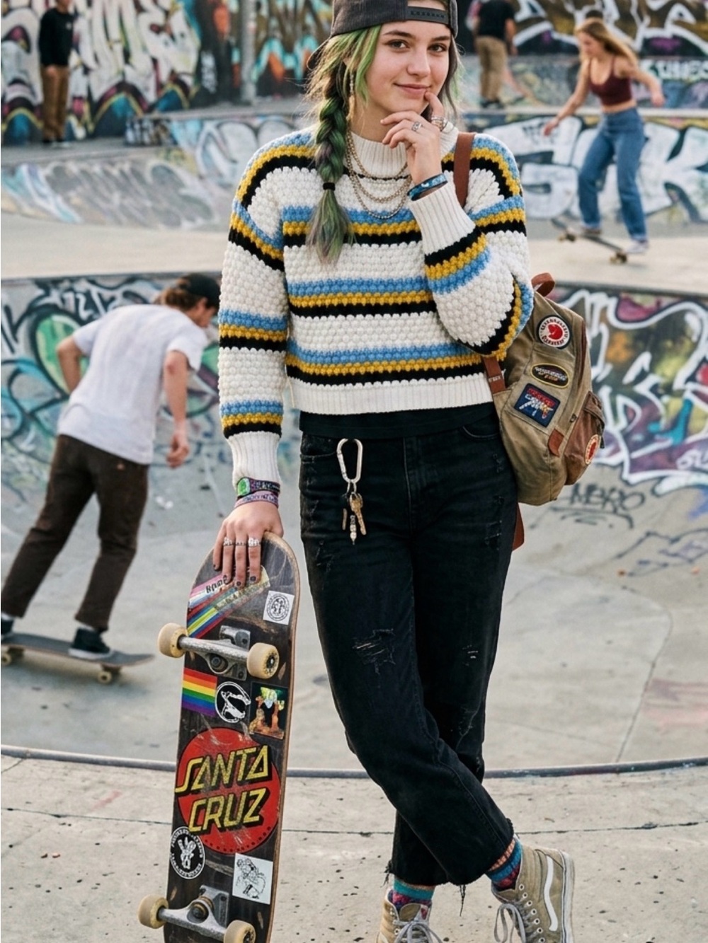 Retro Multi-Color Popcorn Knit Striped Sweater - Blue Gold Black White